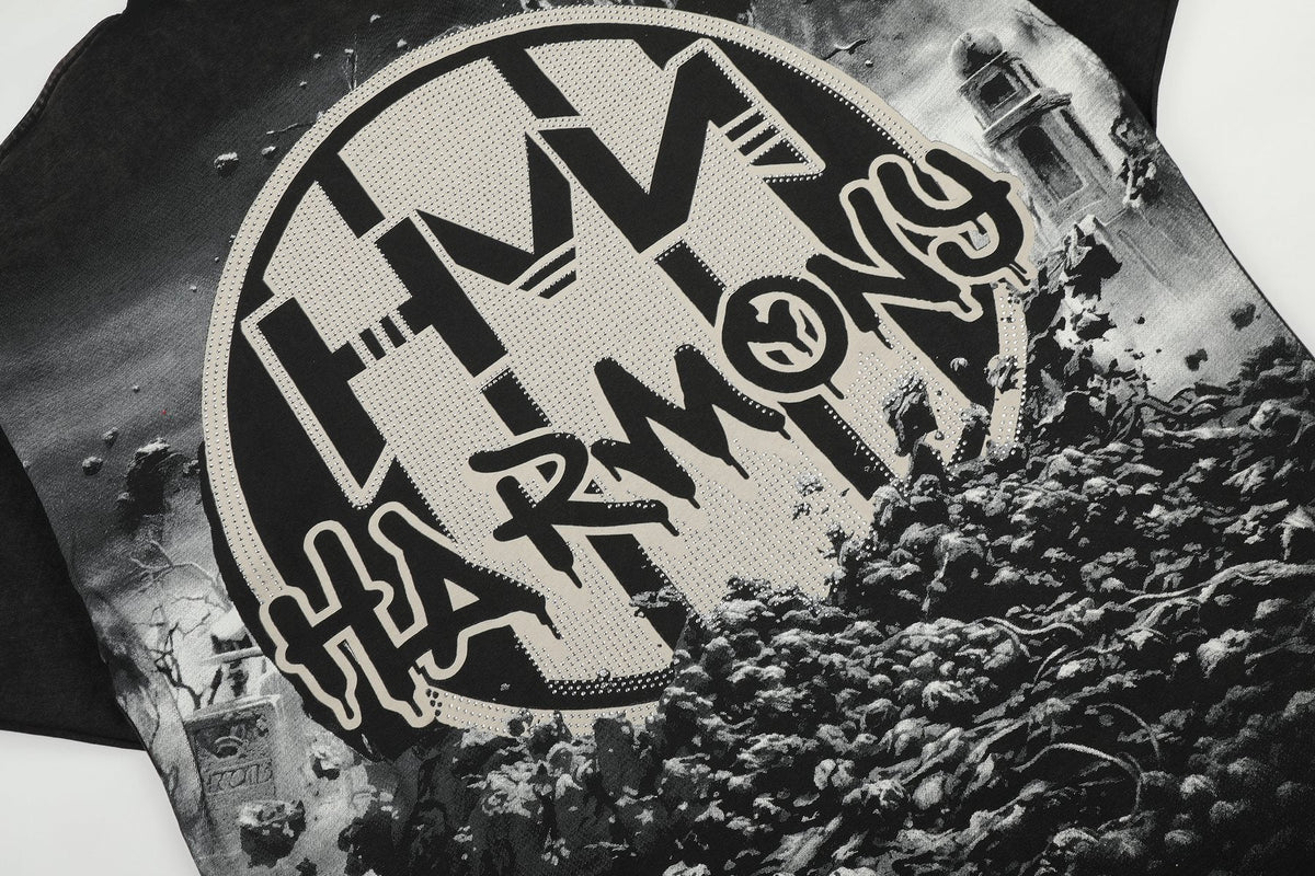 HARMONY Washed Black Rhinestone Graphic T-Shirt — detail