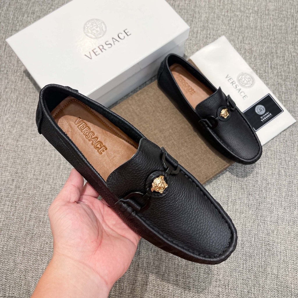 Versace Black Gold-Emblem Slip-On Loafers — model