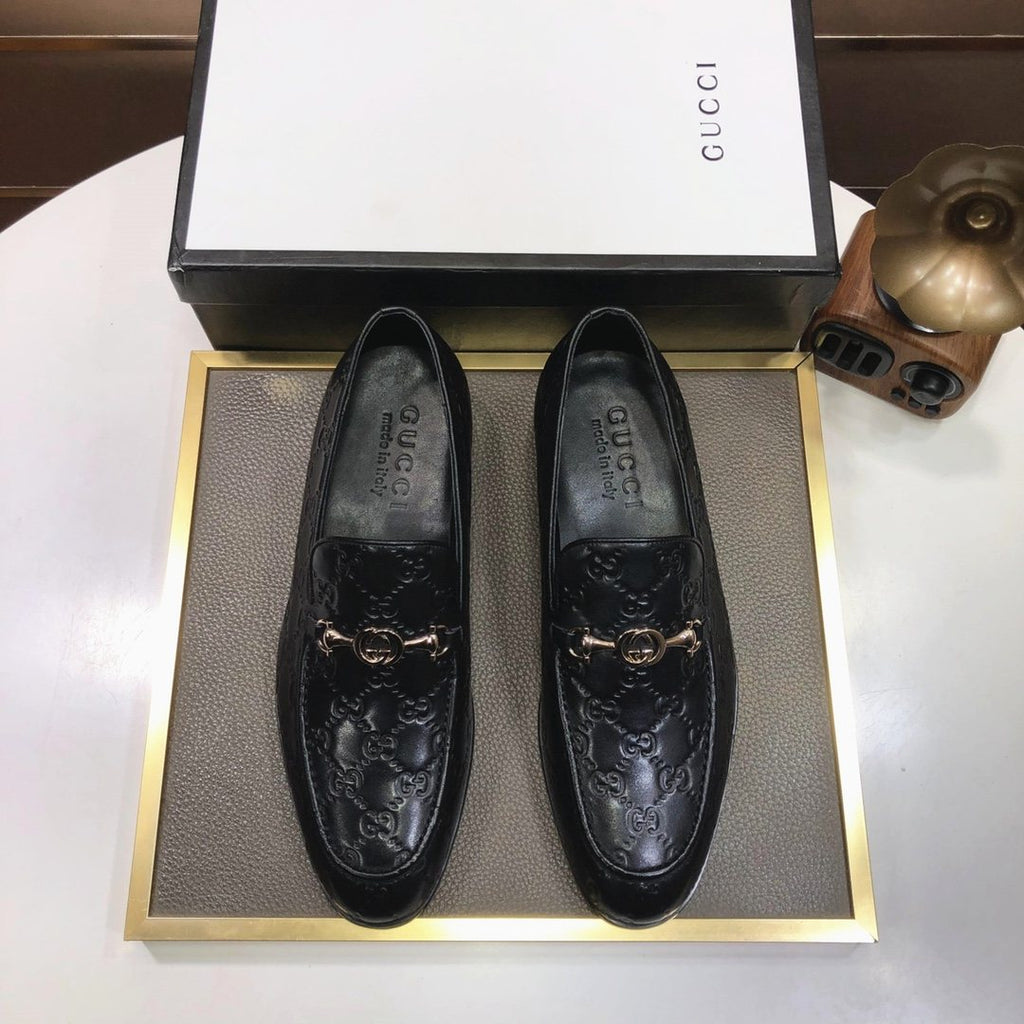 GUCCI Black Embossed Horsebit Loafers — front