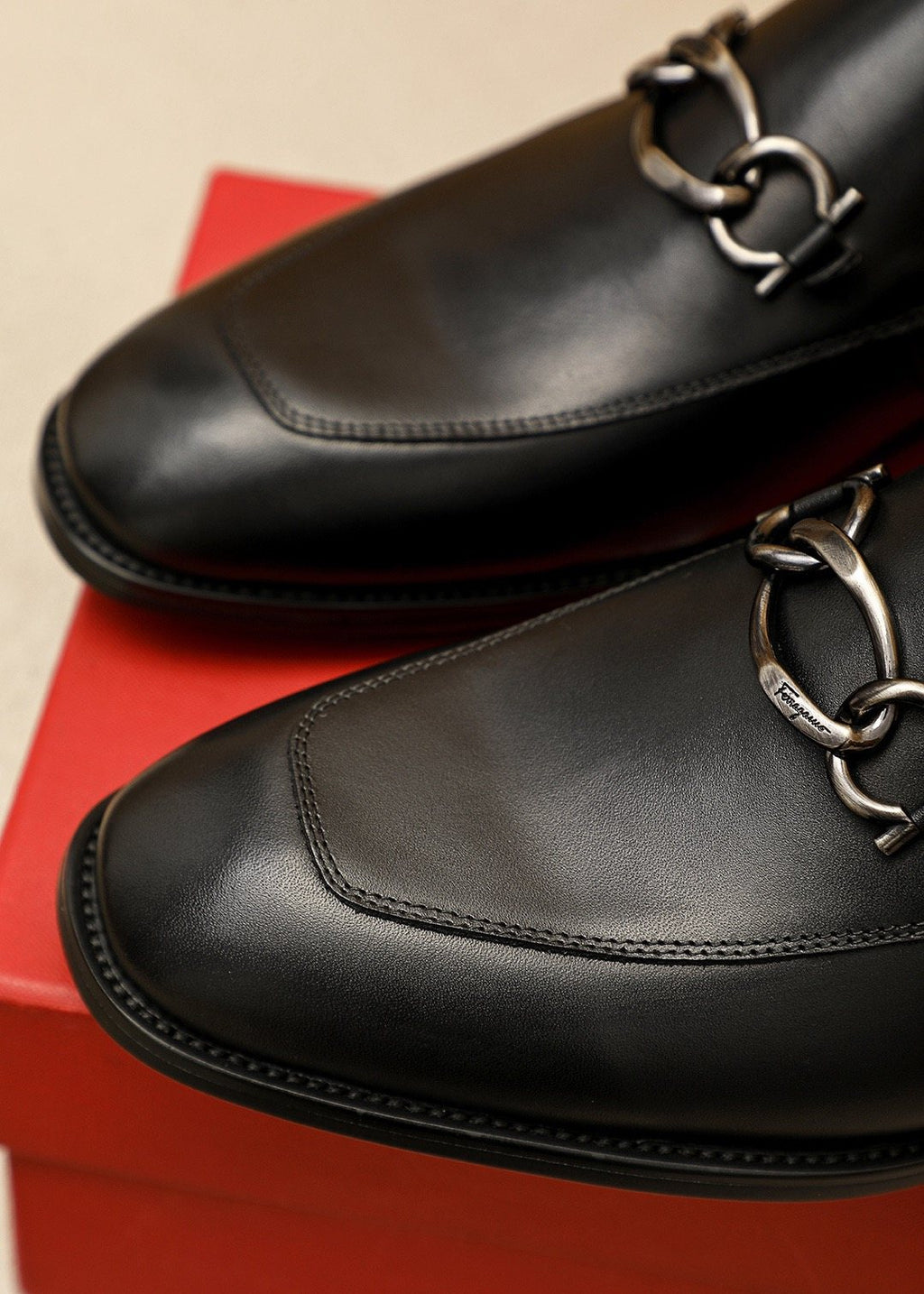 Ferragamo Black Leather Bit Loafers — detail