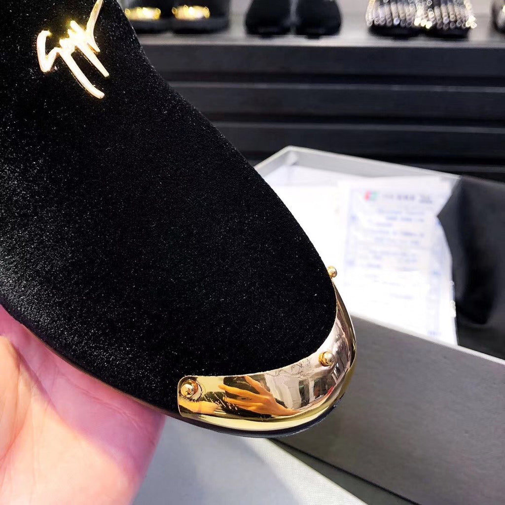 Giuseppe Zanotti Black Velvet Gold-Trim Slip-On Shoes — detail