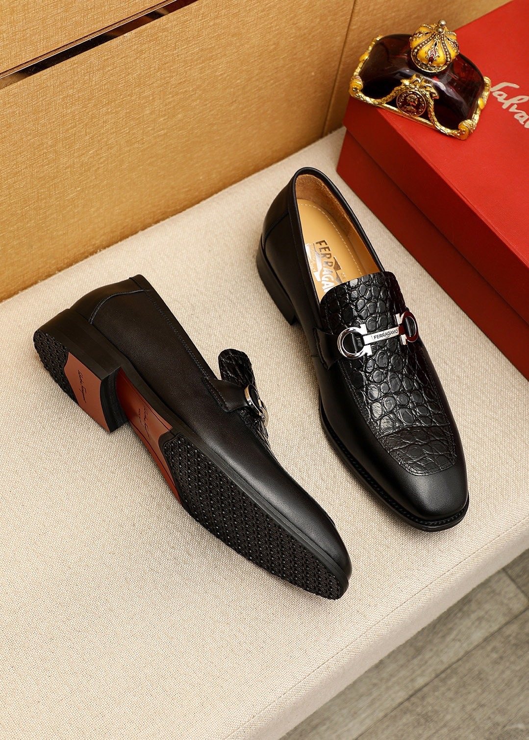 Ferragamo Black Embossed Leather Buckle Loafers — front