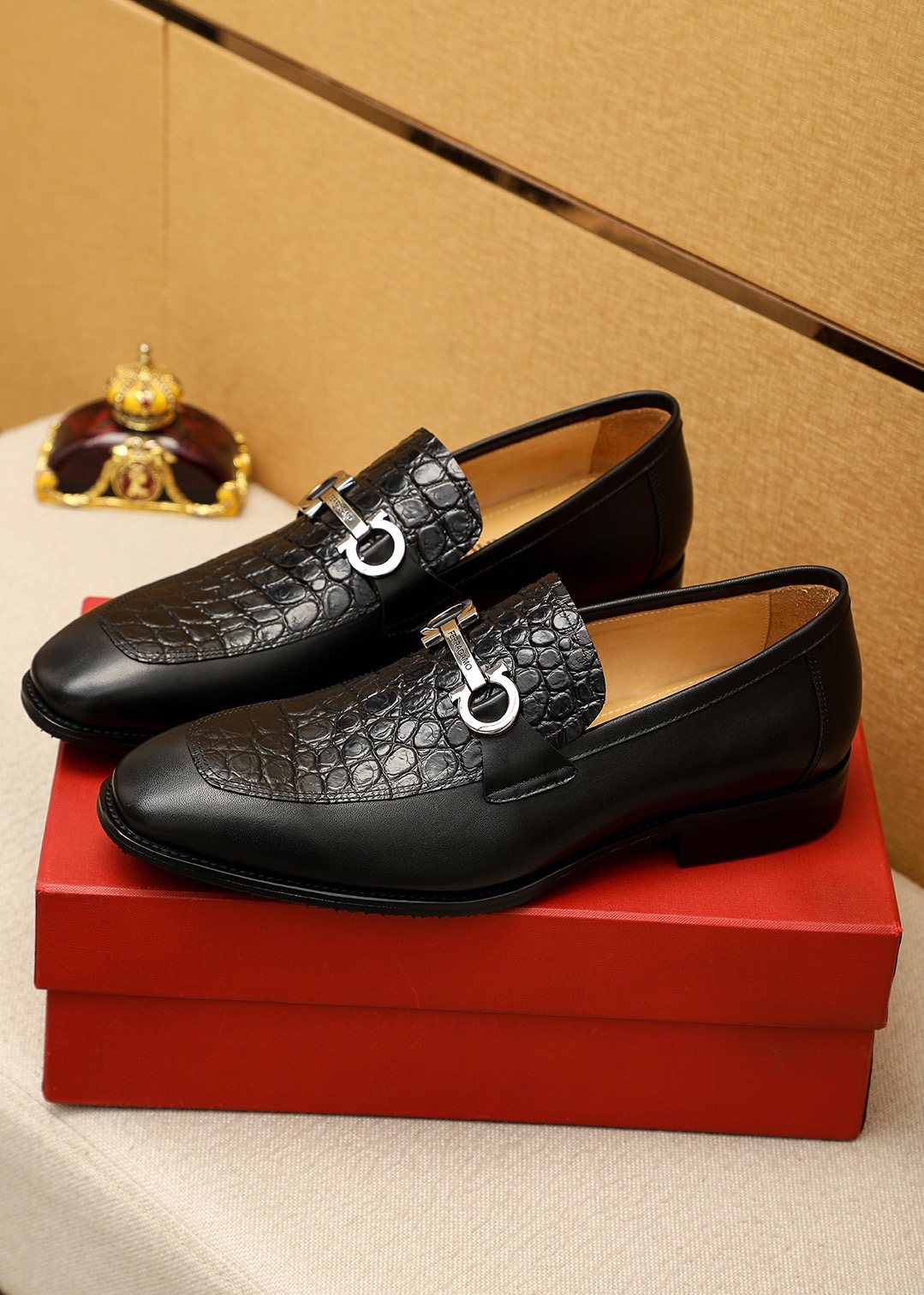 Ferragamo Black Embossed Leather Buckle Loafers — front