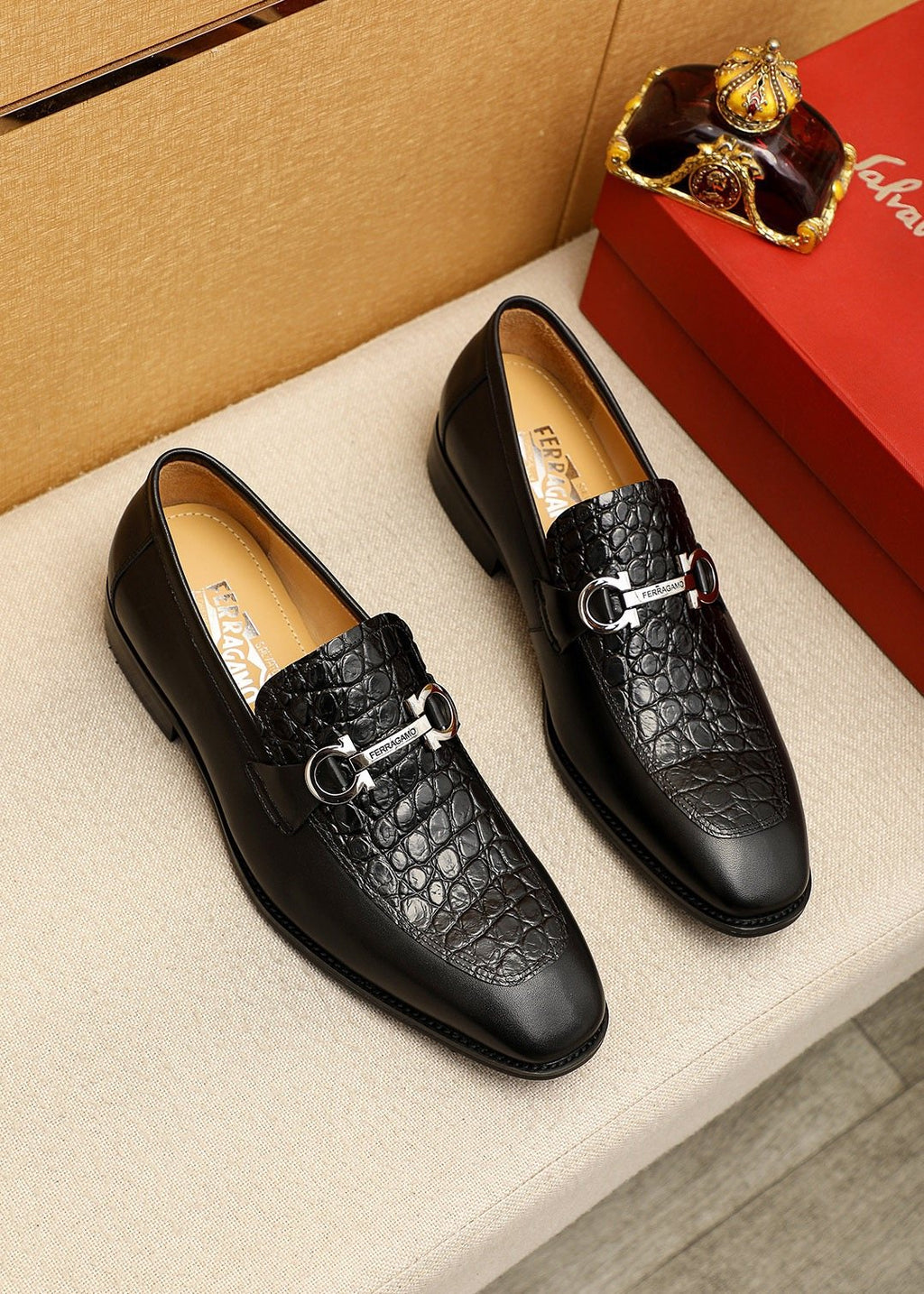 Ferragamo Black Embossed Leather Buckle Loafers — hero