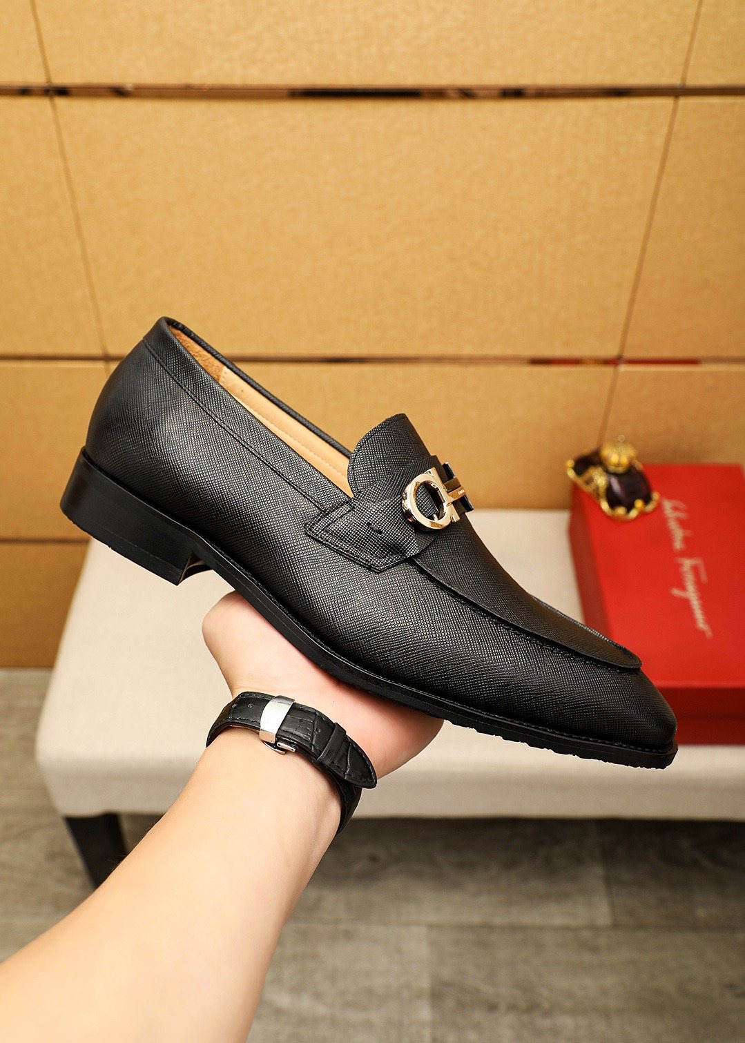 Ferragamo Black Buckle Leather Loafers — side