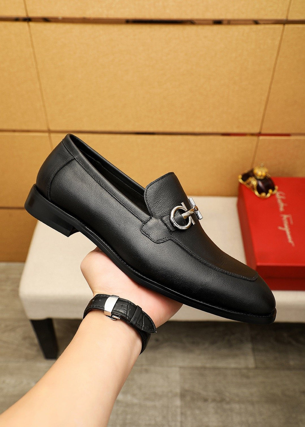 Ferragamo Black Textured Loafers — model