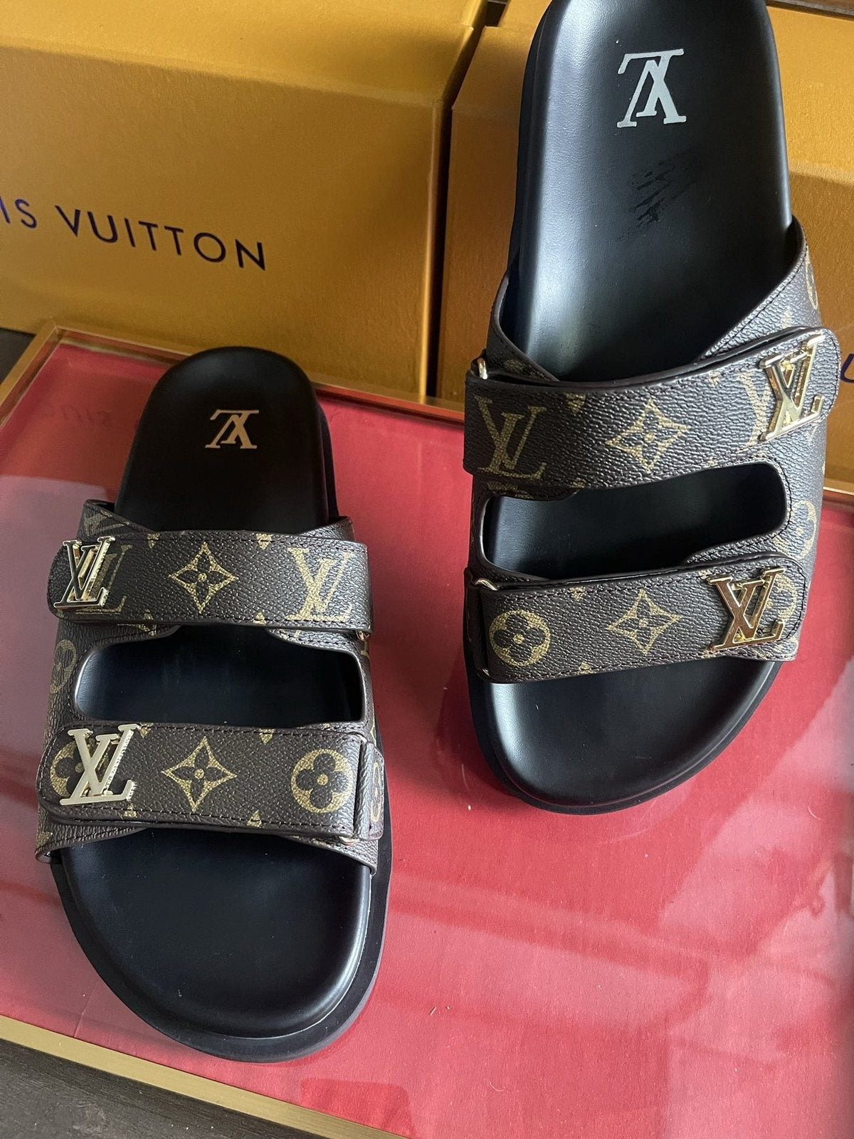 Louis Vuitton Dark Gray Monogram Slide Sandals — front
