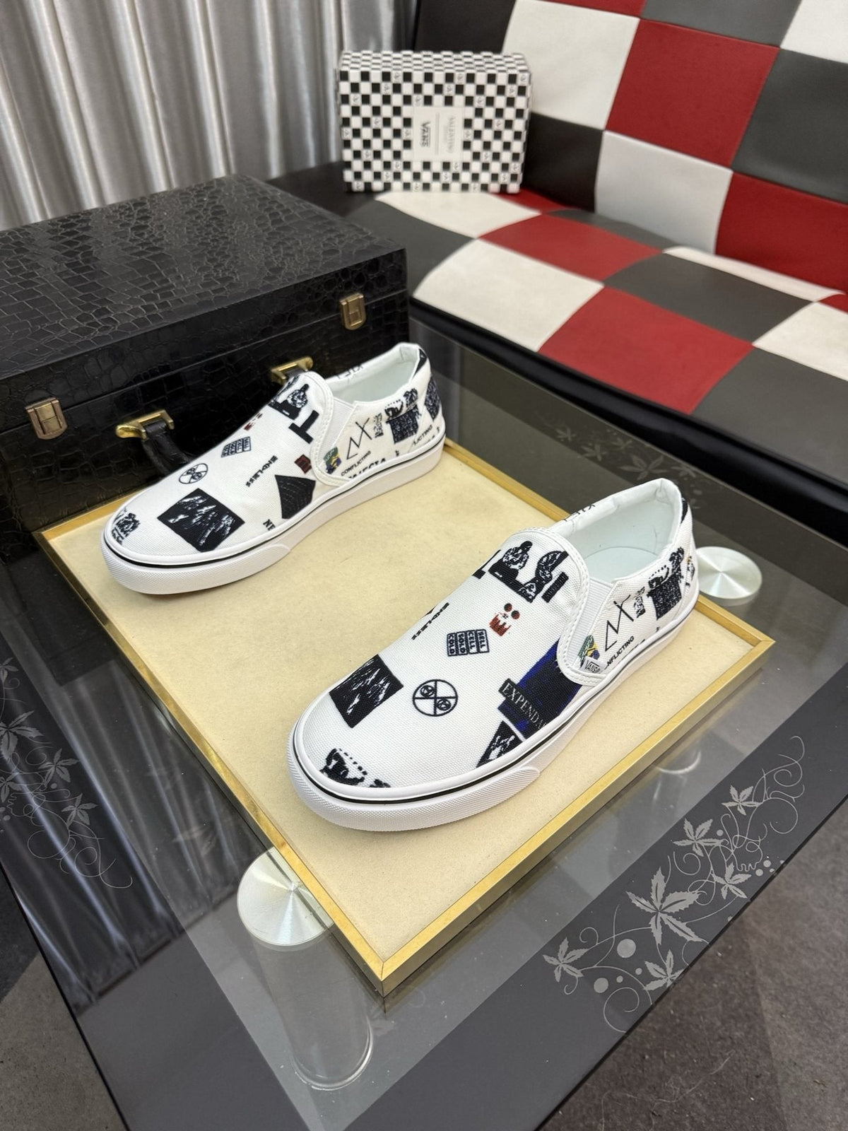 White Graphic Print Slip-On Shoes — front