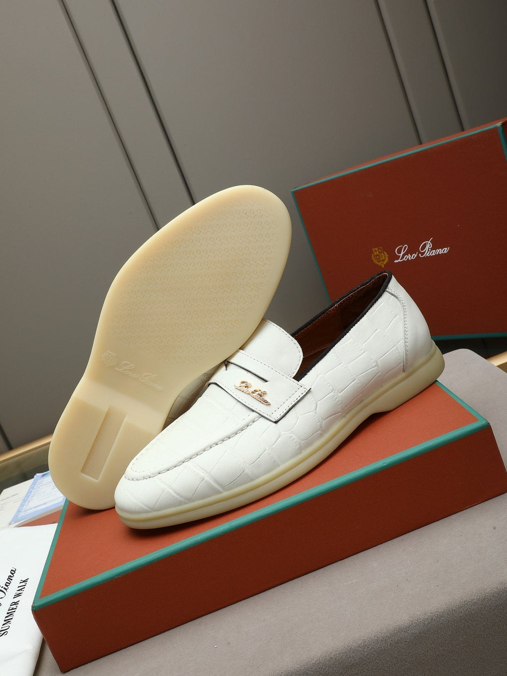 Loro Piana White Textured Loafers — detail