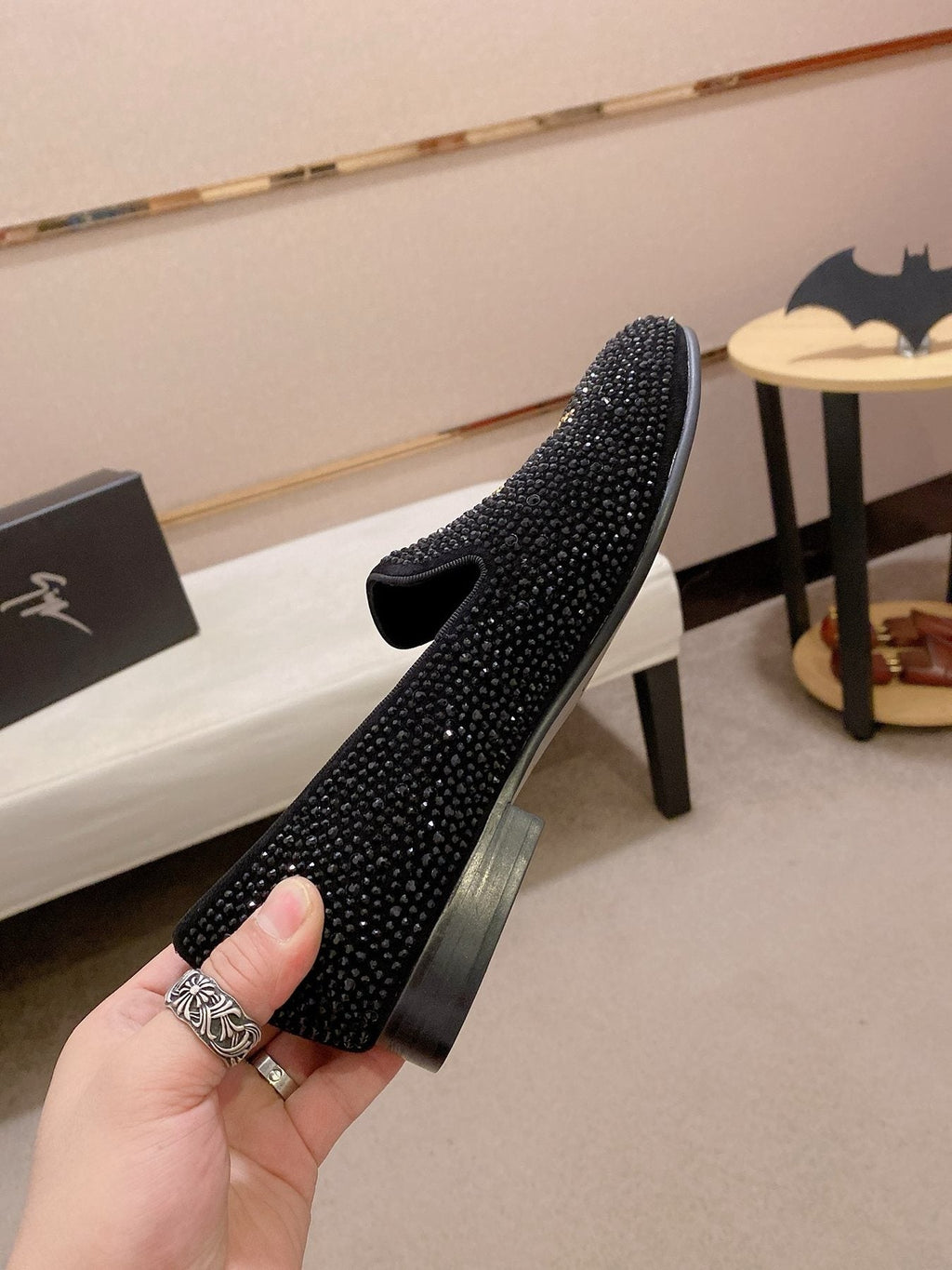 Giuseppe Zanotti Black Studded Gold Accent Loafers — side