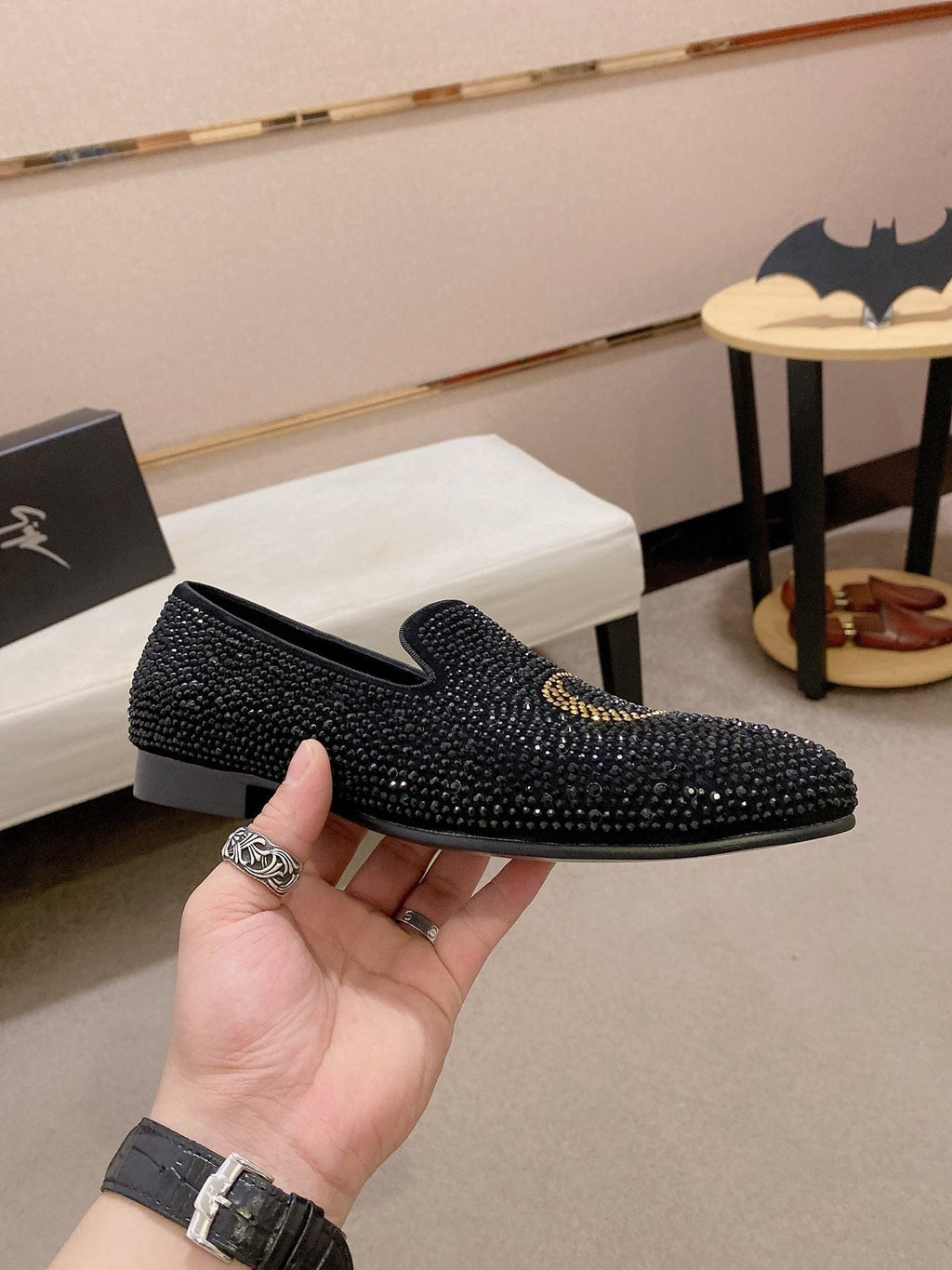 Giuseppe Zanotti Black Studded Gold Accent Loafers — side