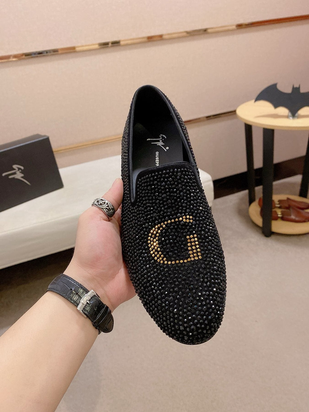 Giuseppe Zanotti Black Studded Gold Accent Loafers — front