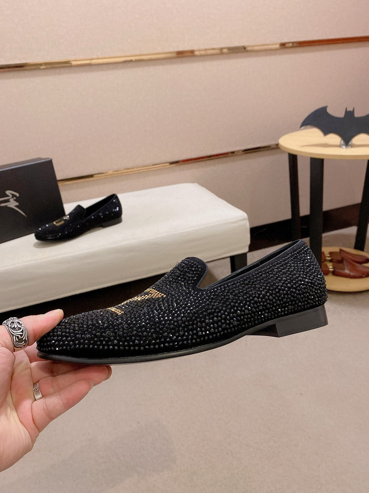 Giuseppe Zanotti Black Studded Gold Accent Loafers — side