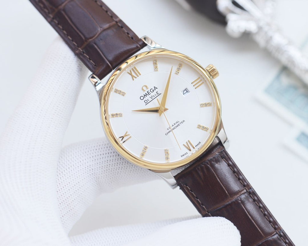 OMEGA Gold Brown White Dial Leather Strap Watch — front