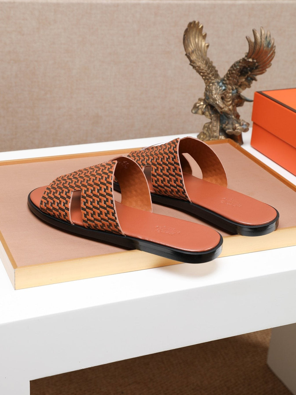 Hermes Brown Patterned H Slide Sandals — side