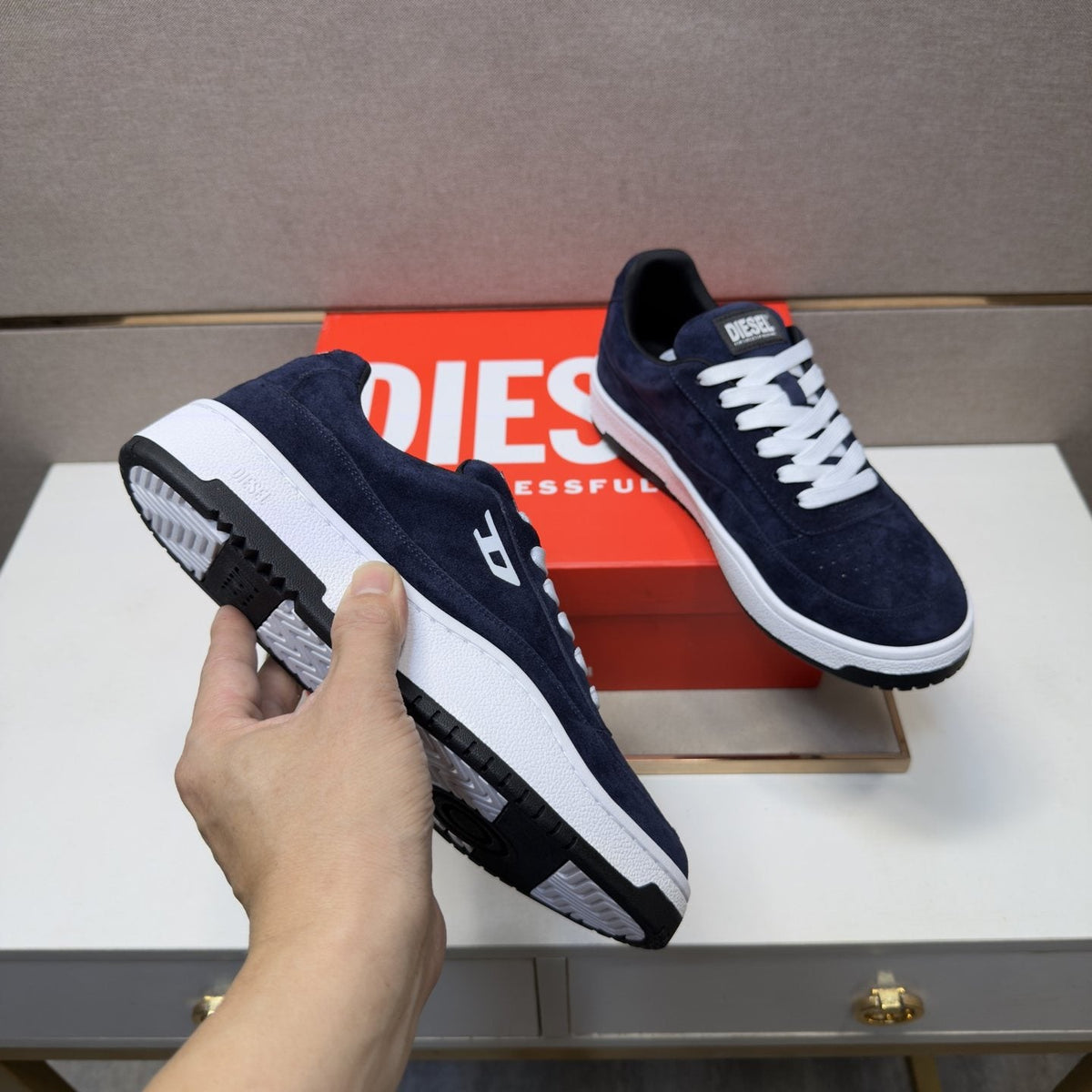 DIESEL Navy Blue and White Low-Top Sneakers — detail