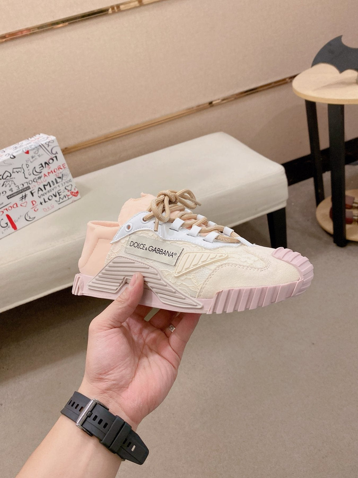 Dolce & Gabbana Pale Pink Cream Low-Top Sneakers — side