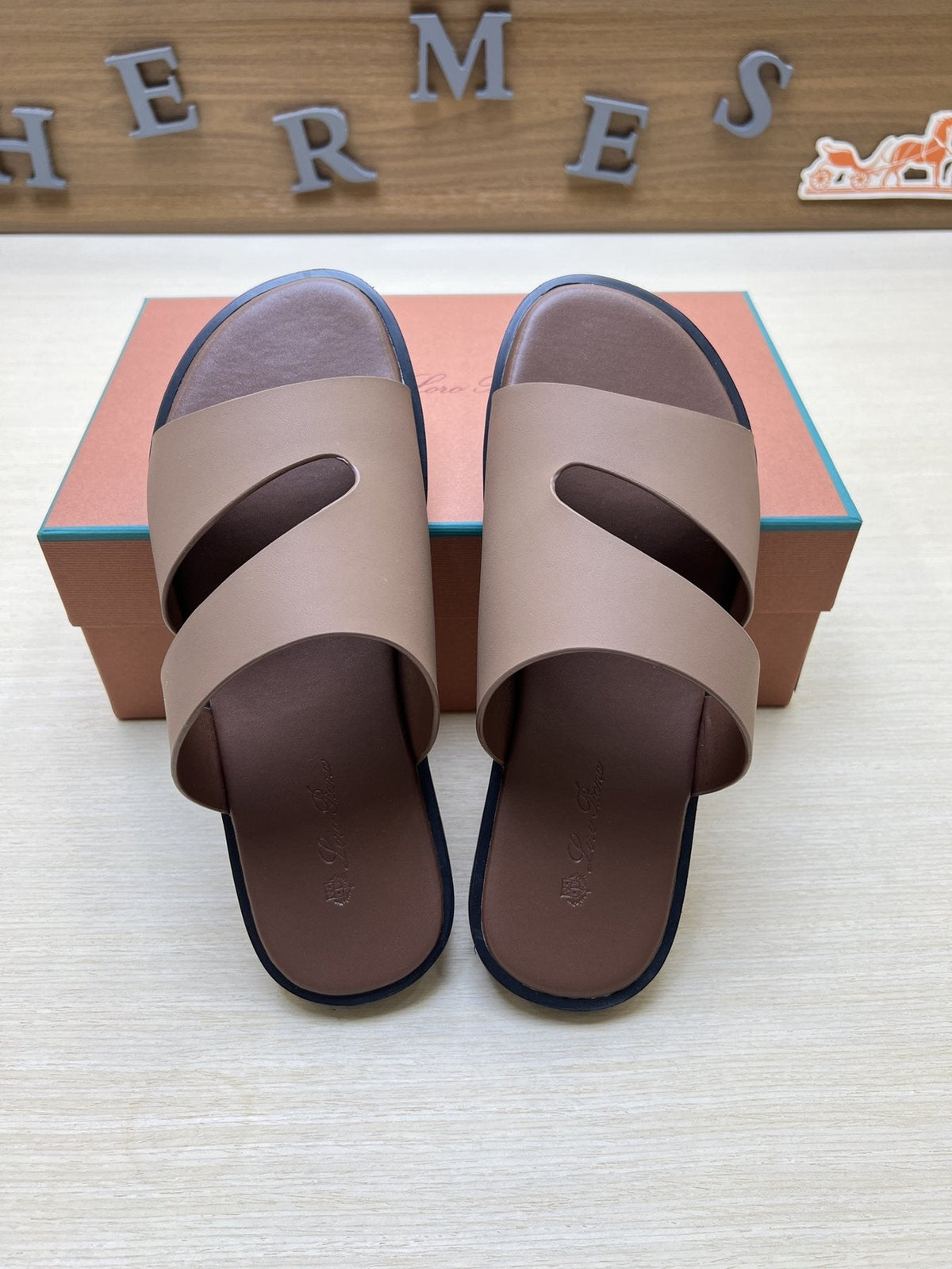 Loro Piana Taupe Brown Crossover Slide Sandals — front