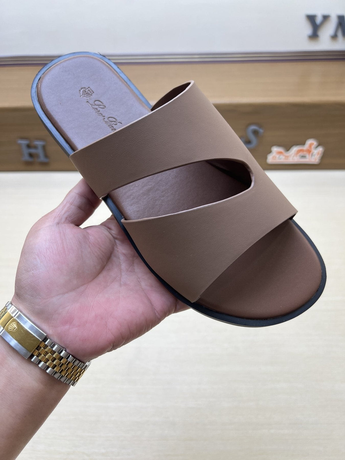 Loro Piana Taupe Brown Crossover Slide Sandals — model