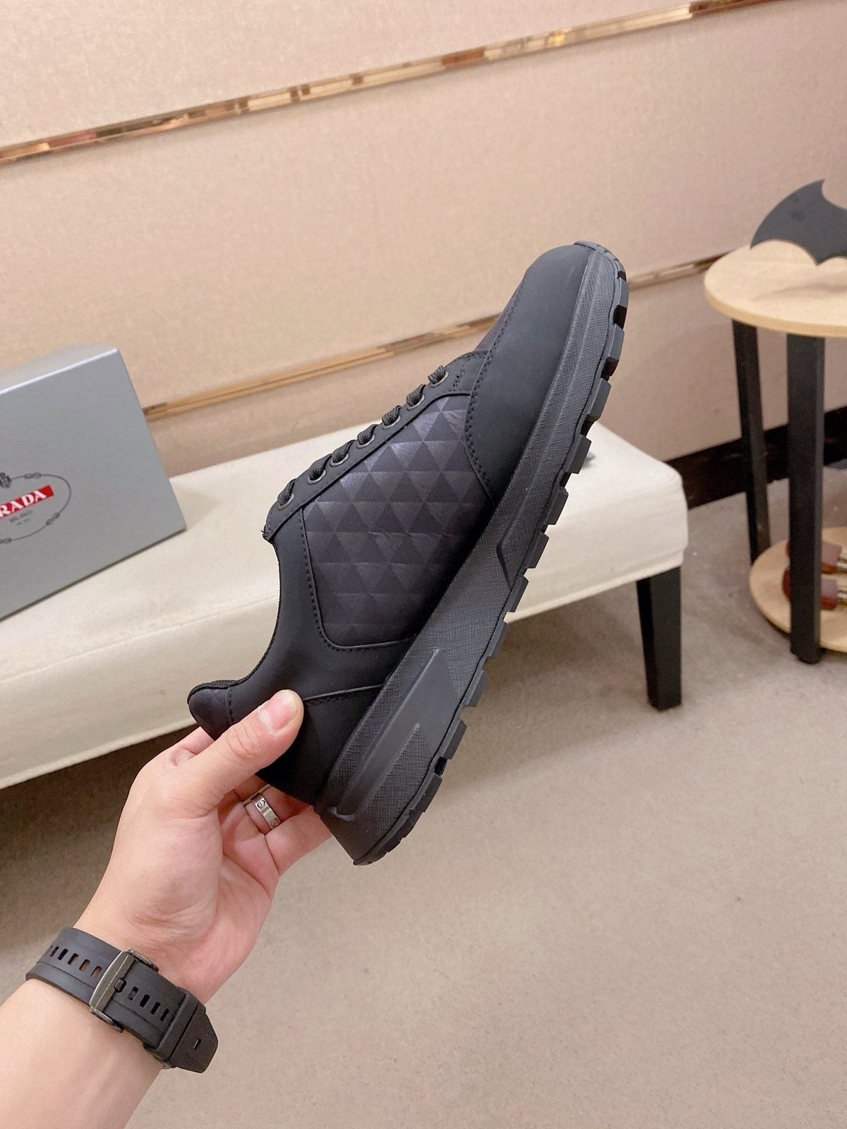 PRADA Black Red-Accent Low-Top Sneakers — side