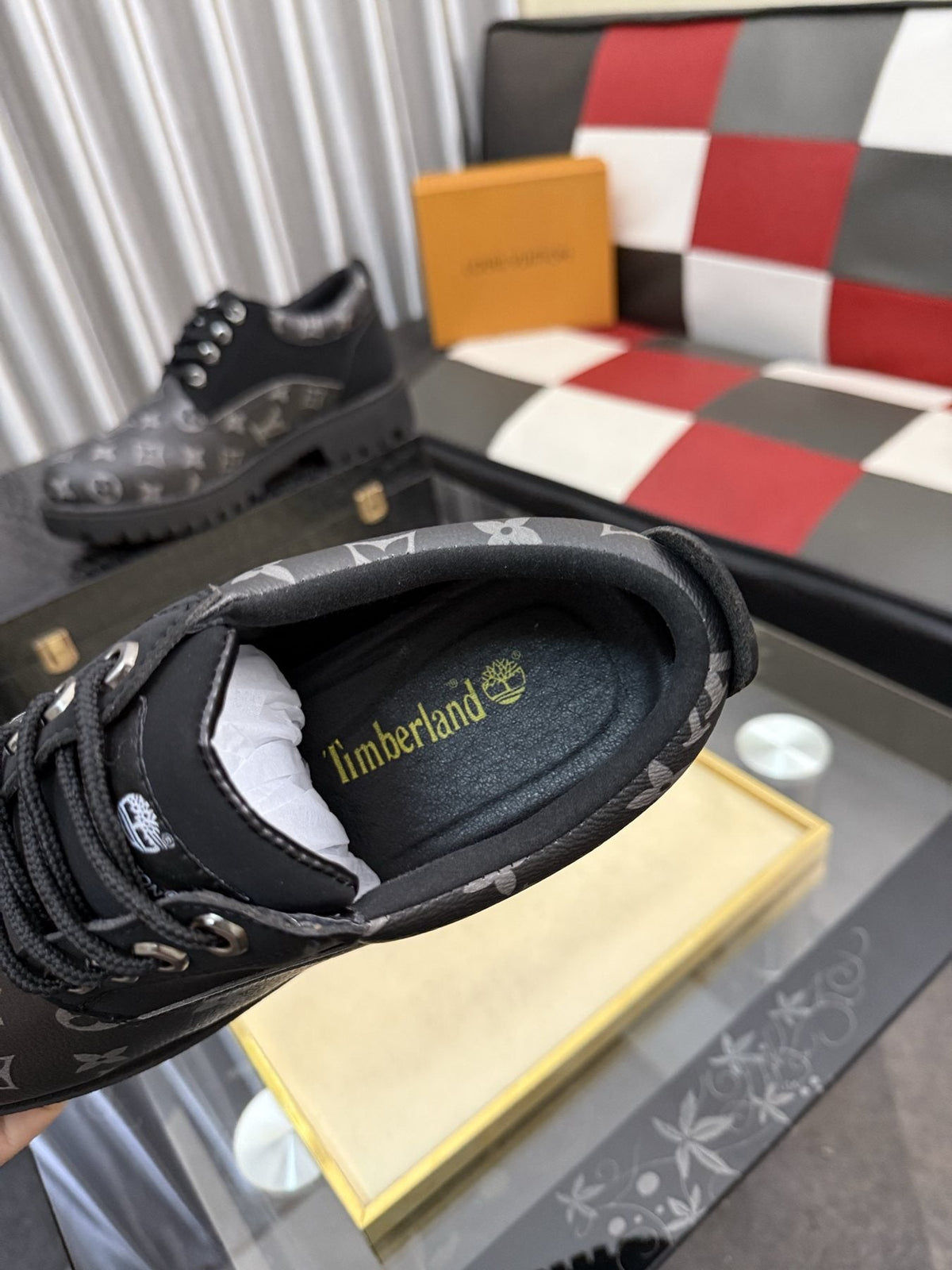 Black & Dark Gray Monogram Lace-Up Shoes — label