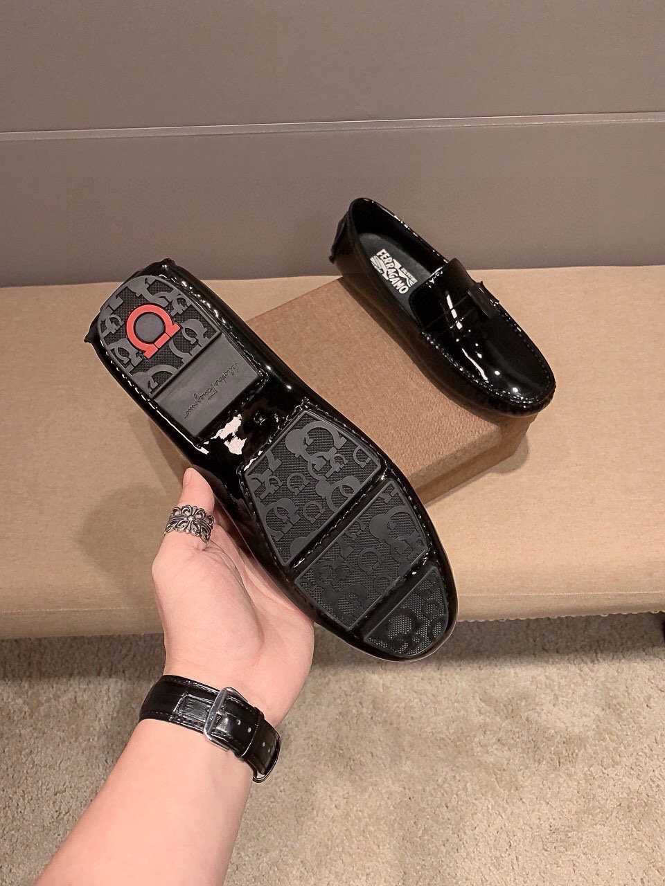 Ferragamo Black Patent Leather Loafers — detail