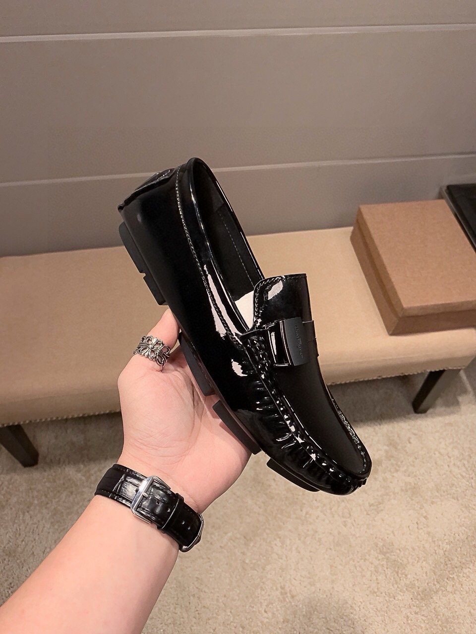 Ferragamo Black Patent Leather Loafers — side