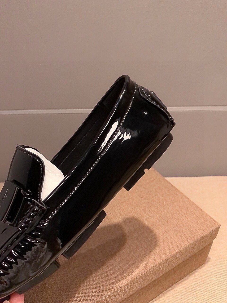 Ferragamo Black Patent Leather Loafers — detail