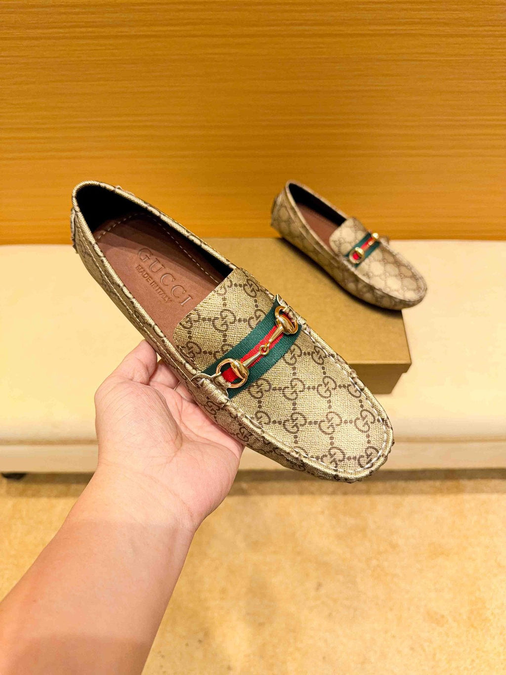 Gucci Beige Tan Monogram Horsebit Loafers — front