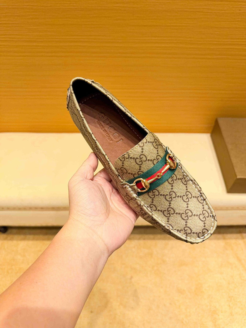 Gucci Beige Tan Monogram Horsebit Loafers — front