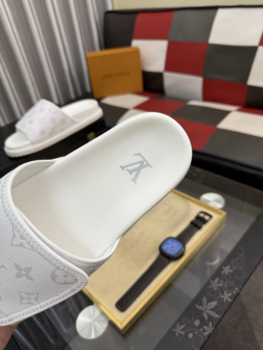 Louis Vuitton Light Gray Monogram Slide Sandals — detail