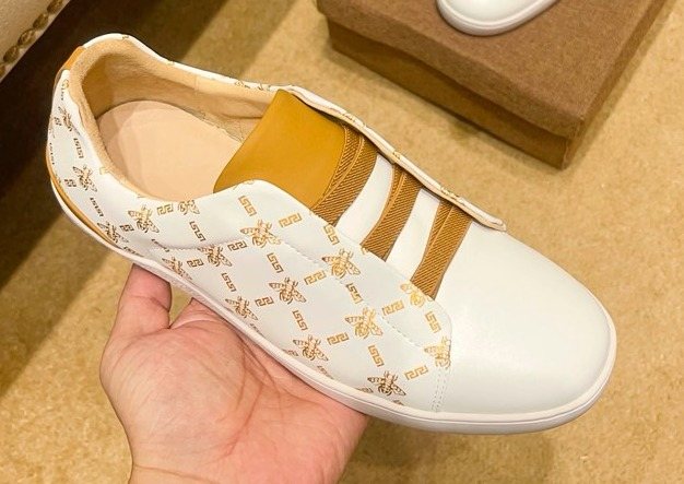 Beige Patterned Gold Stripe Low-Top Sneakers — front
