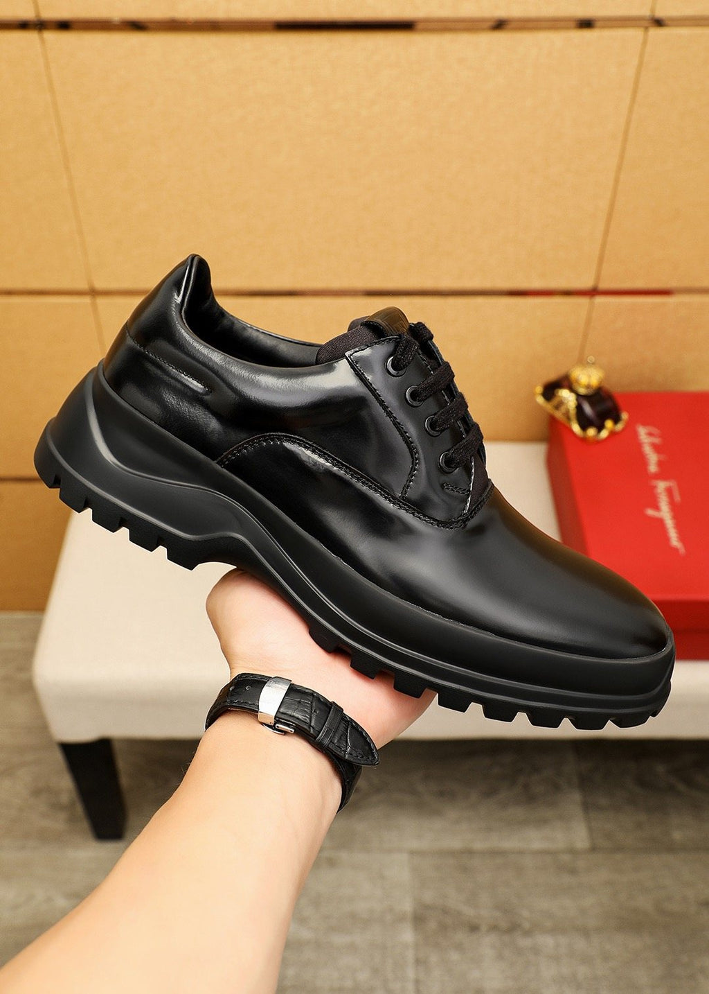 Ferragamo Black Lug-Sole Lace-Up Shoes — side