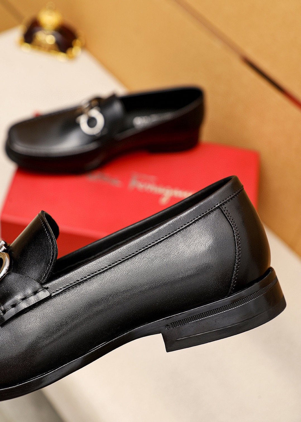 Ferragamo Black Metal-Hardware Loafers — detail