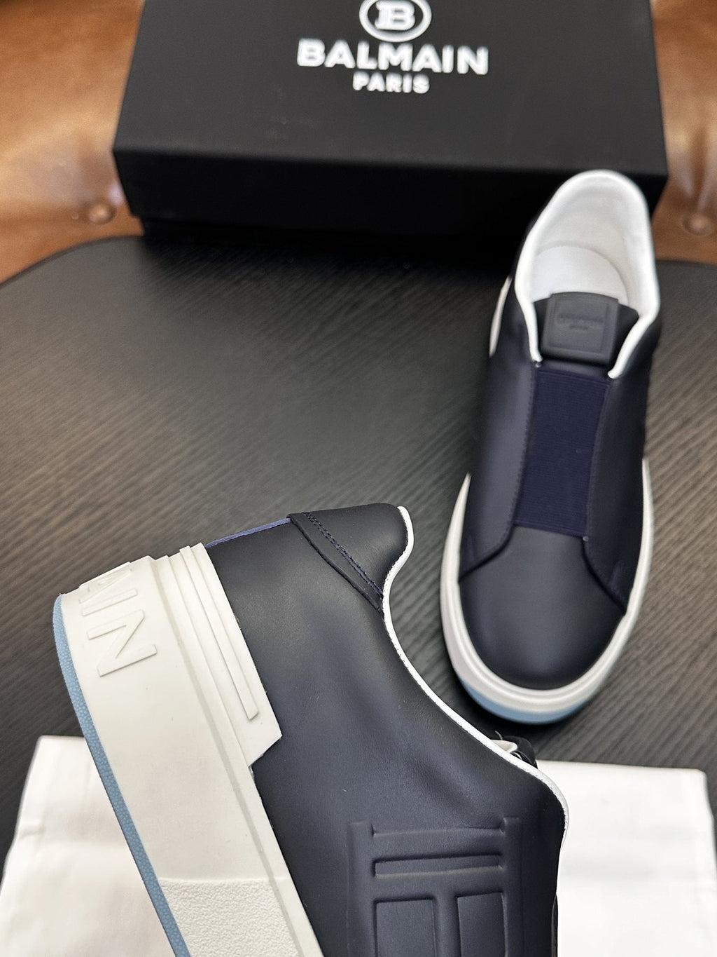 Balmain Navy Elastic Band Slip-On Sneakers — detail
