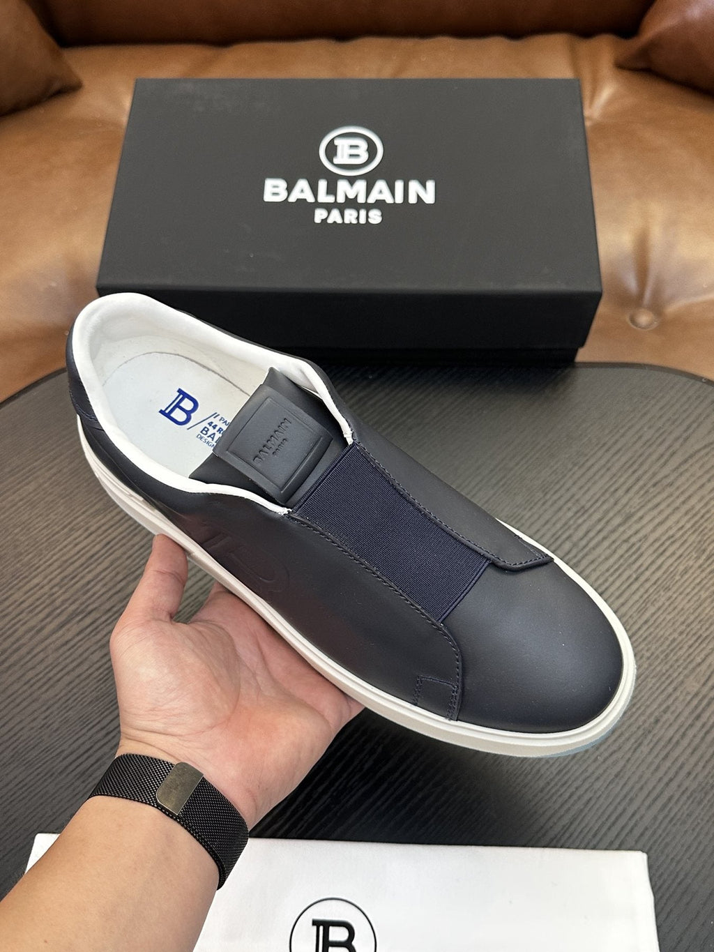 Balmain Navy Elastic Band Slip-On Sneakers — front