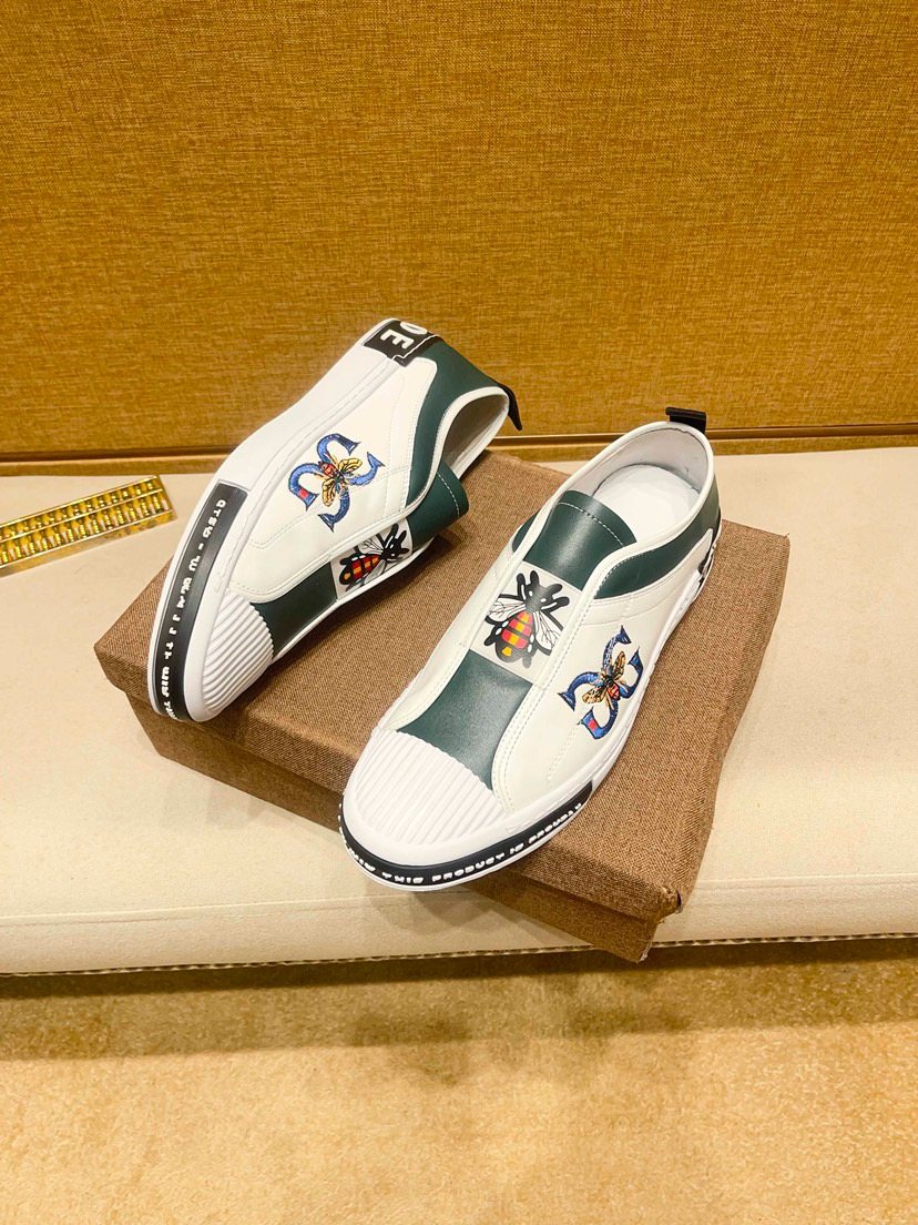 White & Dark Green Embroidered Slip-On Shoes — side