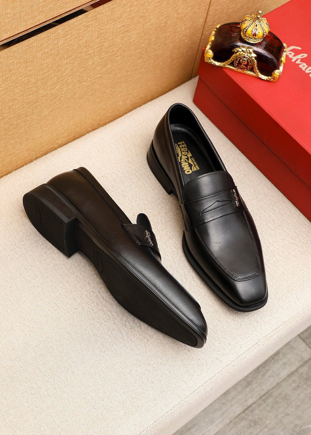 Ferragamo Black Metal Accent Loafers — front