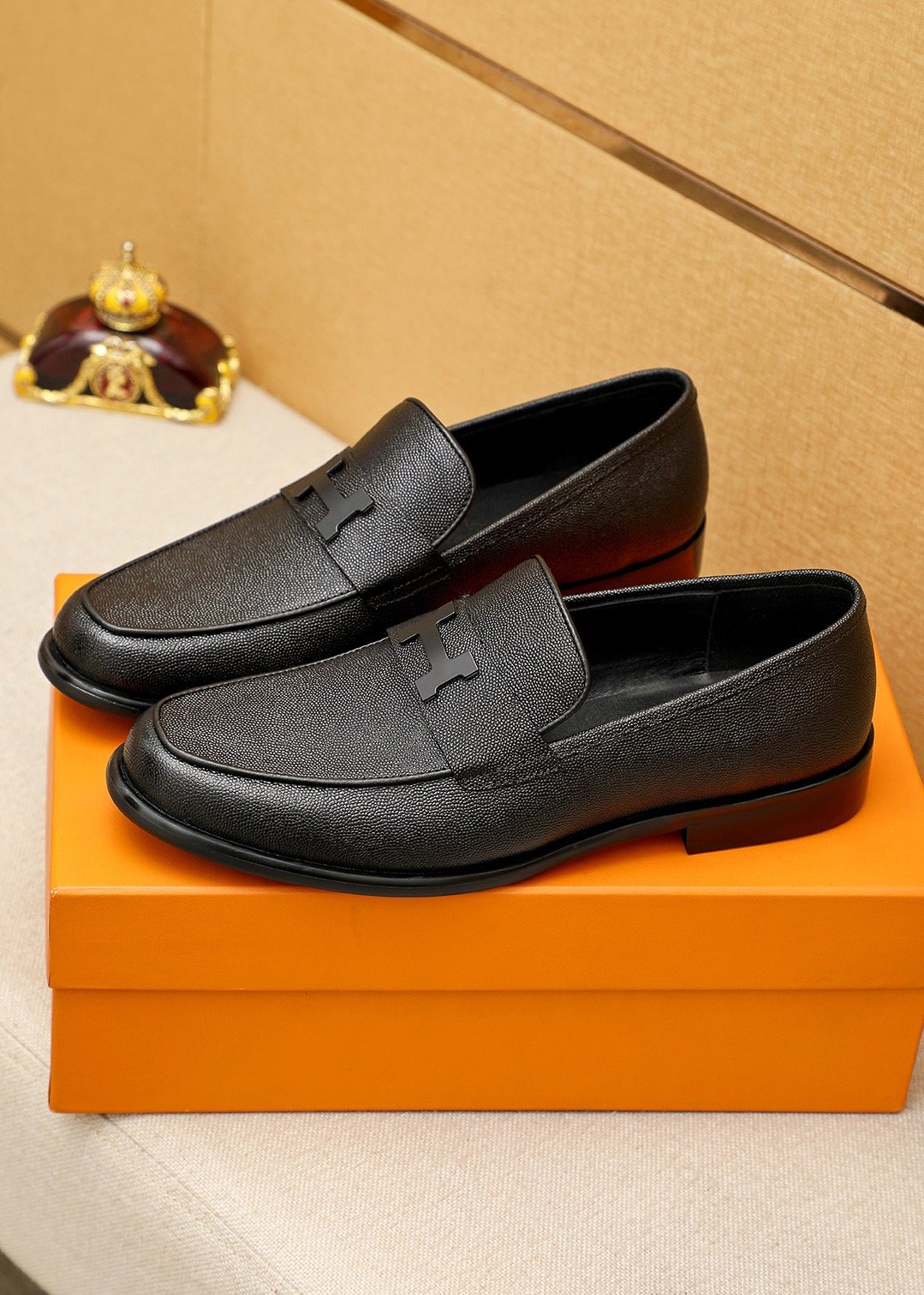 Hermès Black Textured Leather Loafers — front