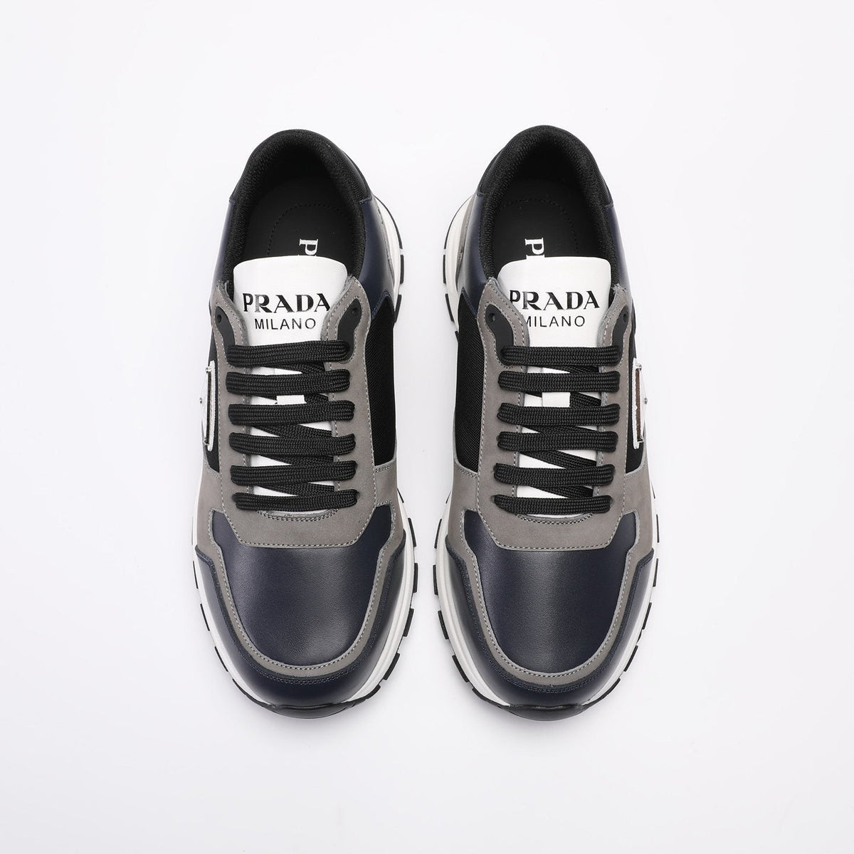 Prada Navy and Gray Paneled Sneakers — hero