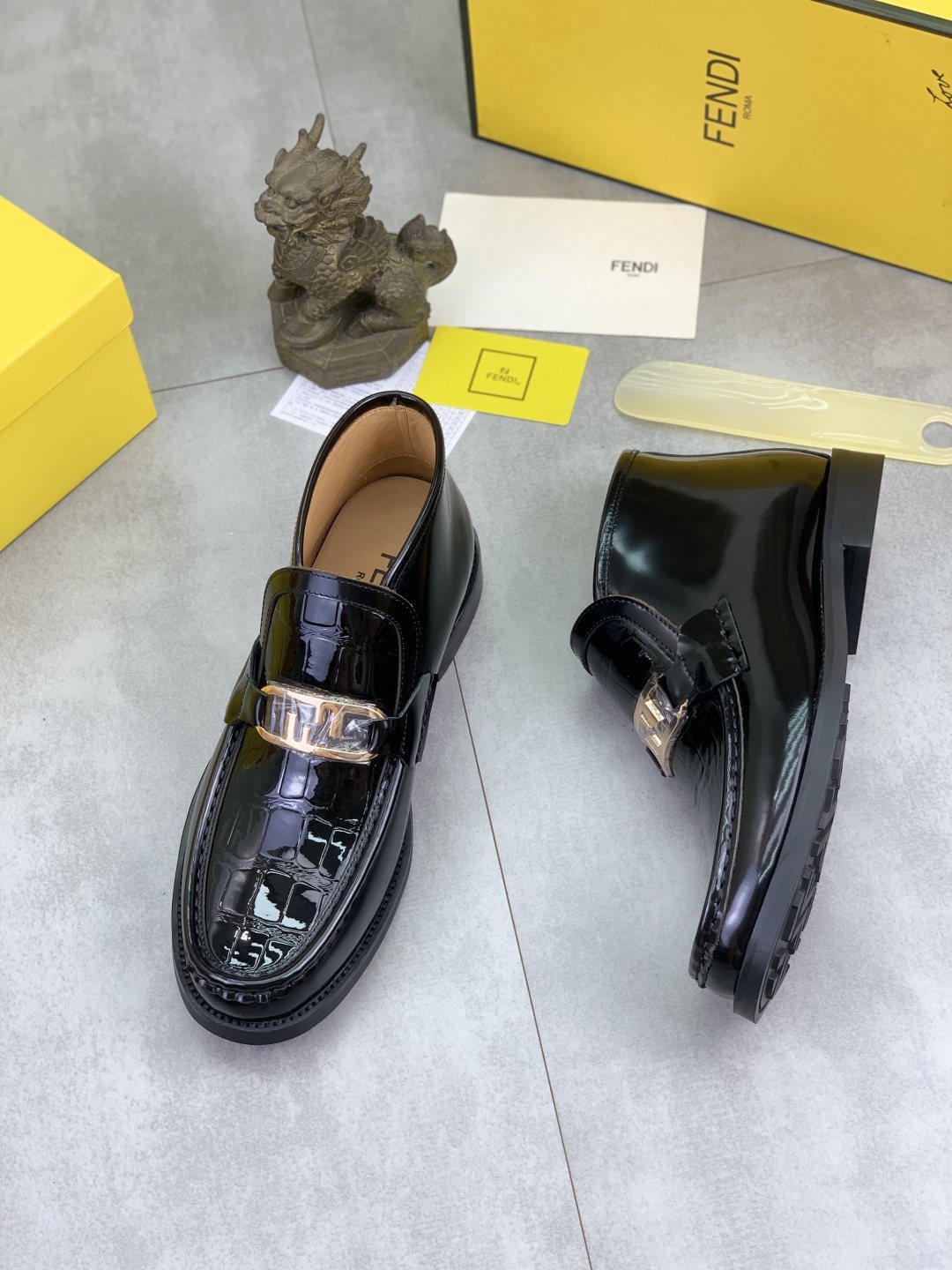Fendi Black Glossy Buckle Loafers — side
