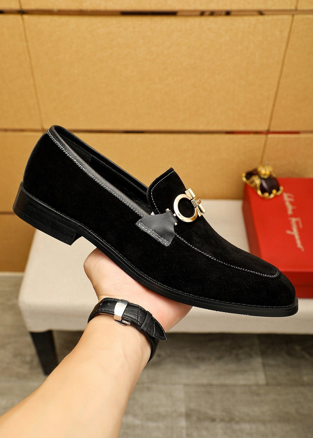 Ferragamo Black Suede Hardware Loafers — model