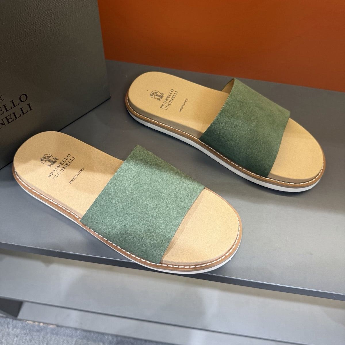 Brunello Cucinelli Sage Green Slide Sandals — side