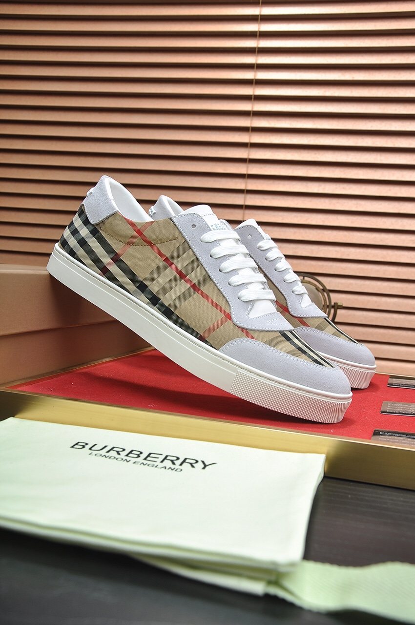 Burberry White and Beige Plaid Low-Top Sneakers — hero