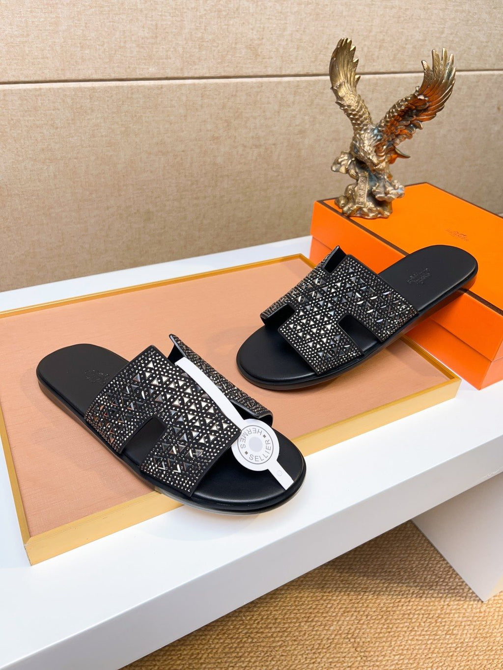 Hermès Black Textured H Slide Sandals — front