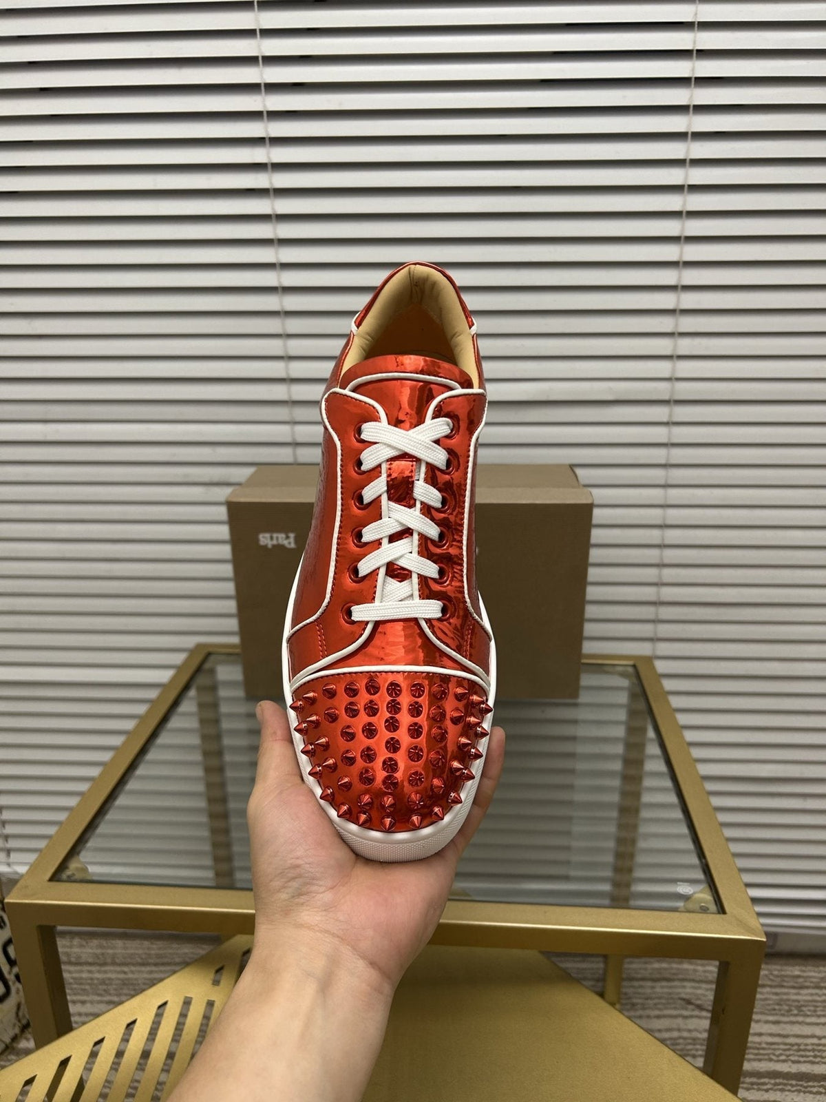 Christian Louboutin Metallic Red Studded Sneakers — front