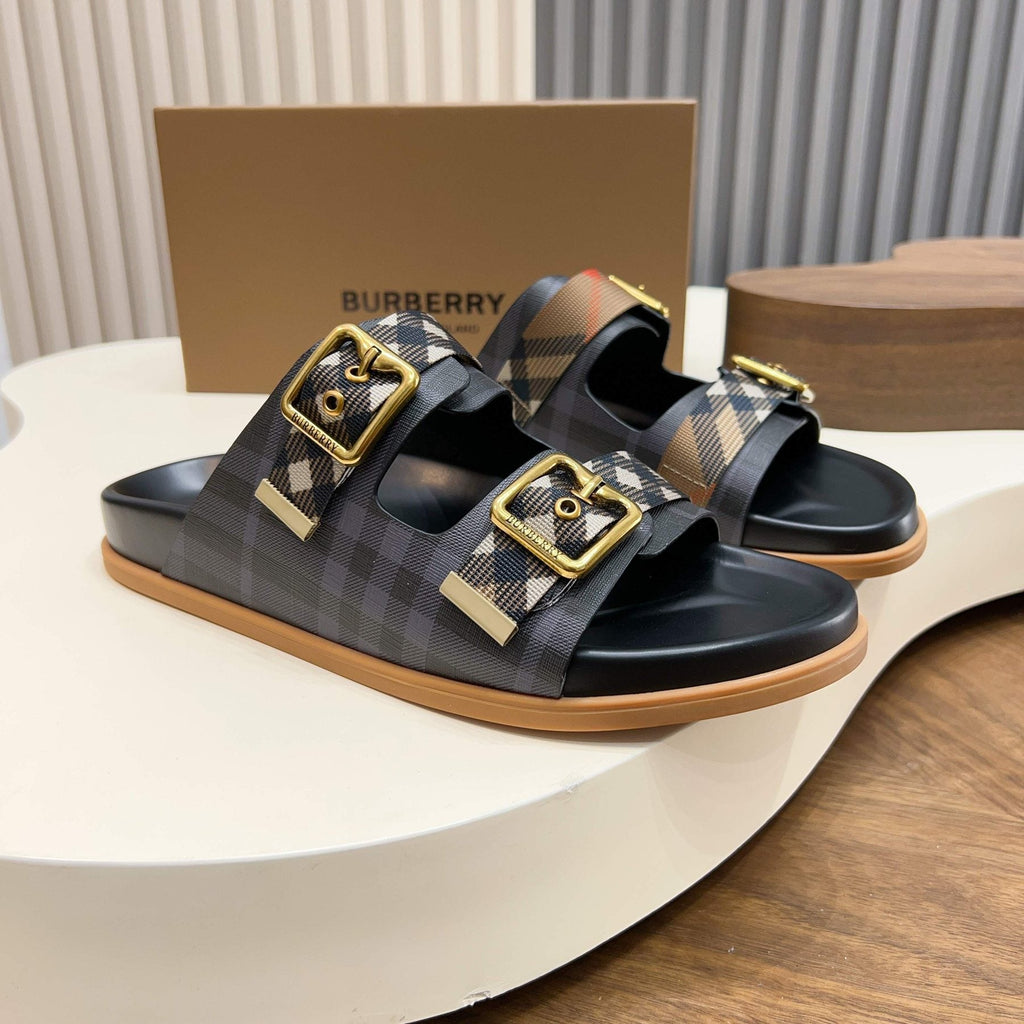 Burberry Black Plaid Two-Strap Slide Sandals — front