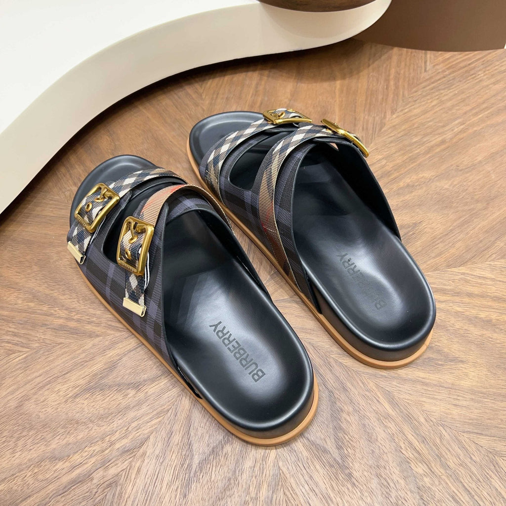 Burberry Black Plaid Two-Strap Slide Sandals — front