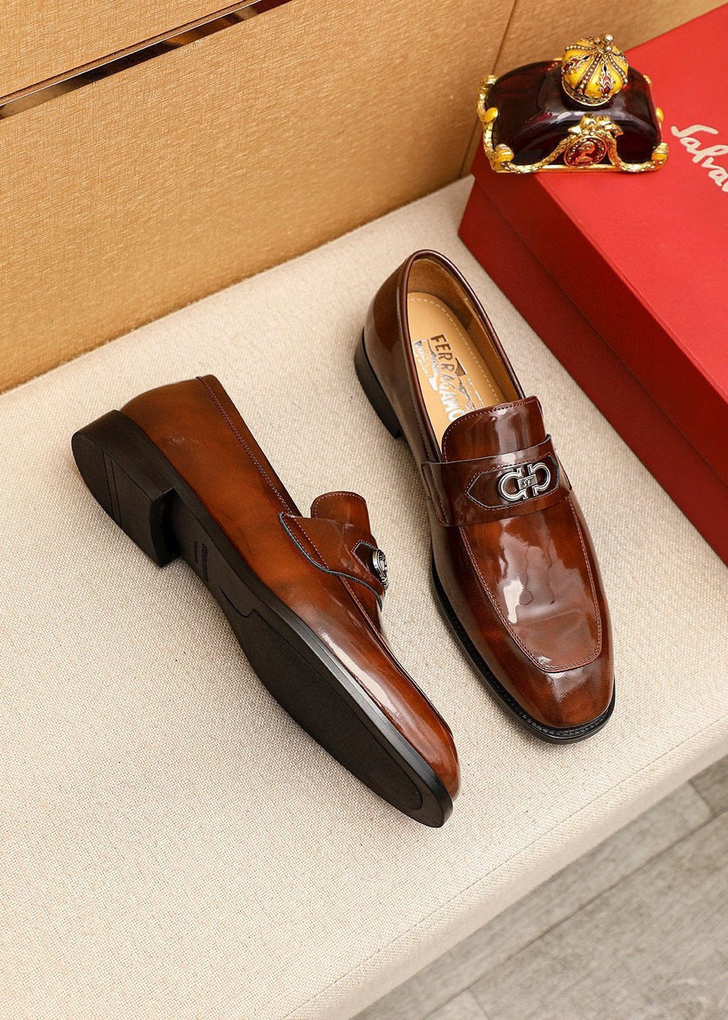 Ferragamo Brown Leather Metal-Detail Loafers — front