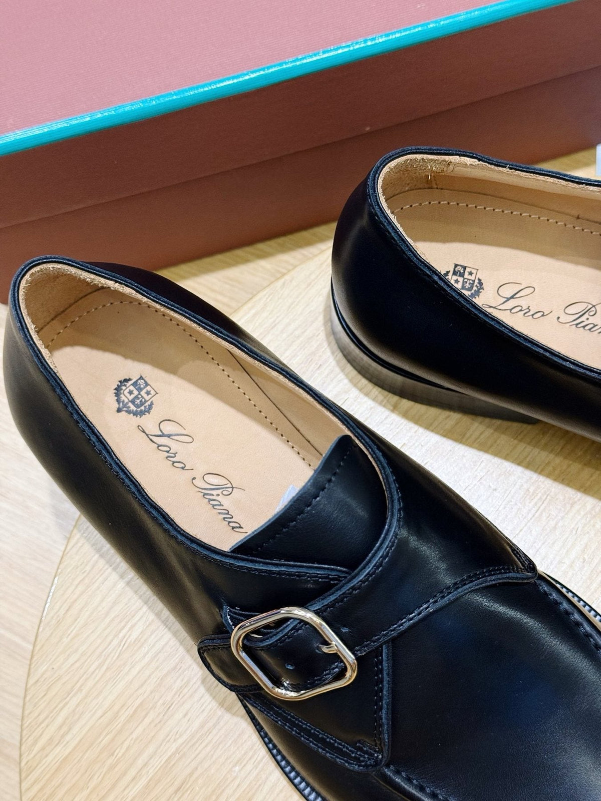 Loro Piana Black Buckle Loafers — label